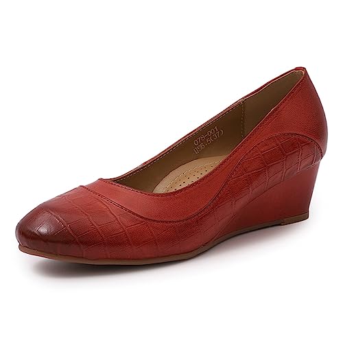Image of Mona flying Women's Leather Closed Toe Mid Heel Wedges Comfy Dress Pumps