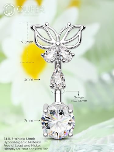 OUFER Belly Button Rings, Butterfly Belly Rings, 316L Surgical Steel Navel Rings, Clear CZ Belly Piercing Jewelry, Dangle Belly Rings For Women Men4