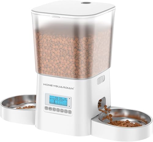 HoneyGuaridan Automatic Cat Feeders for 2 Cats, 3.5L Cat Food Dispenser with Double Bowls,Two Way Splitter Cat Feeder for Dry Food,Programmable 1-6 Meals Control, Dual Power Supply