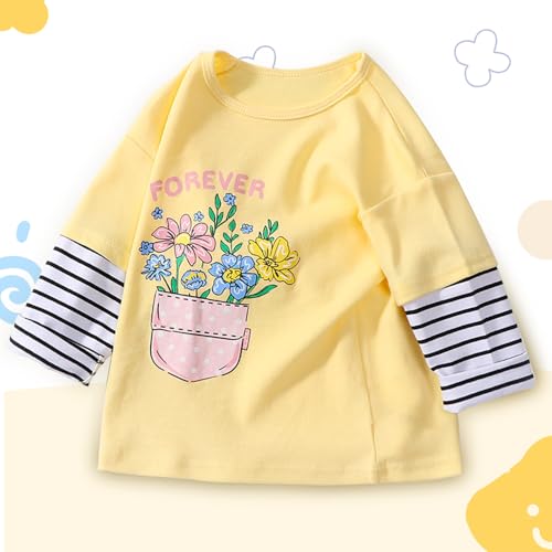 Toddler Girls Long Sleeve Top, Light Yellow Girls Fall T-Shirt, Casual Striped Crew Neck Bottom Shirt4