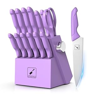 imarku Kitchen Knife Set, Sharp Knife Set with Built-in Sharpener, Japanese Stainless Steel Knife Set with Block and Non-Slip Ergonomic Handle, Dishwasher Safe, 14 PCS Best Father’s Day Gift, Purple
