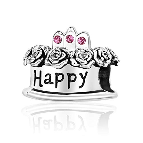 Image of Birthstones Happy Birthday Cake Charms Compatible with Pandora Charms Moments Bracelets Candle Crown Celebration Beads