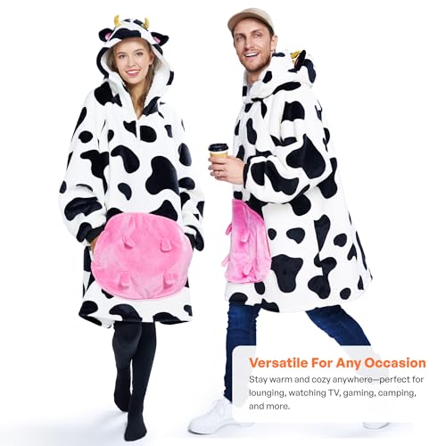 Image of Giggling Getup Wearable Blanket Hoodie for Women and Men Sherpa Fleece Hooded Blanket Sweatshirt Warm Cozy Sherpa Wearable Throw Oversized Hoodie with Giant Pocket & Sleeves for Adult Cow