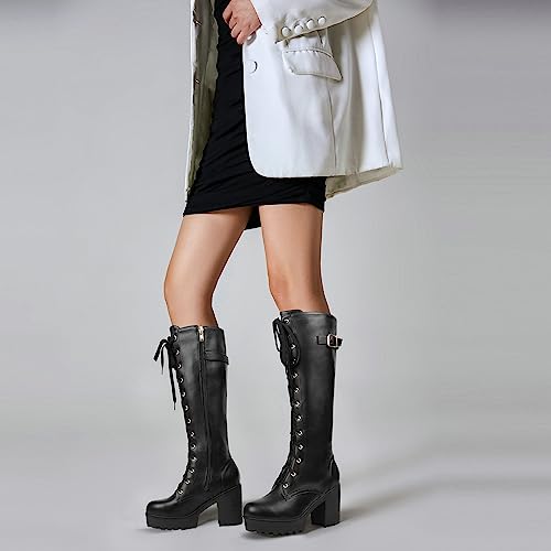 Image of Parisuit Women's Knee High Goth Platform Boots Lace Up Combat Boots