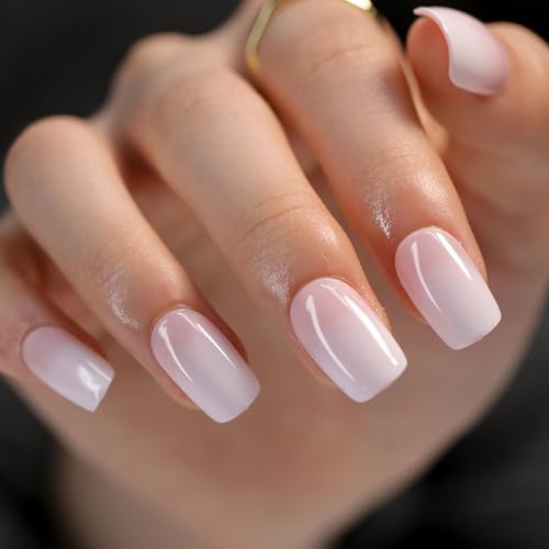 Image of Square Press on Nails Short Fake Nails Ombre Acrylic Full Cover Glue on Nails Pink White Stick on Nail Glossy Reusable Artificial False Nail for Women Girls Nail Decoration 24Pcs