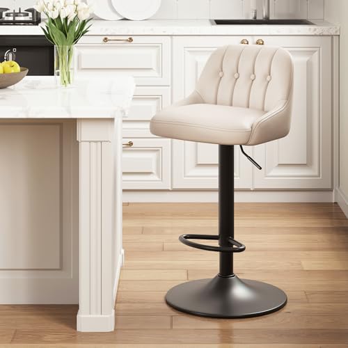 Image of MALOL Bar Stools Set of 1, Swivel Bar Chairs, Modern Adjustable PU Leather Upholstered Barstools Counter Height with Tufted Back for Bar, Kitchen Counter Island, Dining Room, Beige