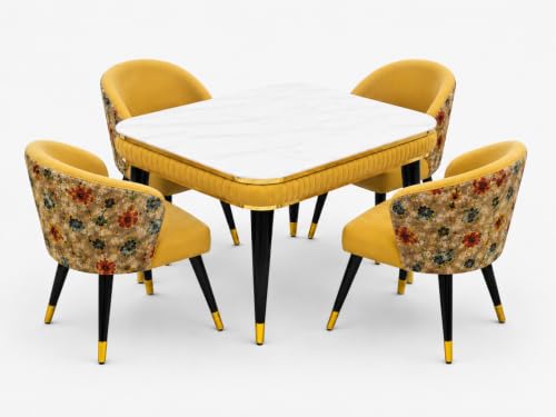 Image of WOODEN SPACE Majestic 4 Seater Wooden Dining Table Set | Urban Marble Top Dining Table with Chairs for Dining Room & Kitchen (Modern Classic Printed Yellow) (54 x 36 x 30 inch)