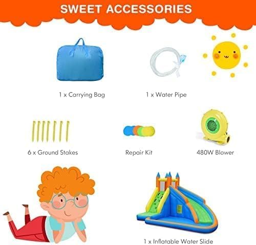 Miniatura 4 de COSTWAY Tobogán acuático inflable, parque acuático gigante con soplador de 480 W, pared de escalada, piscina de chapoteo, toboganes acuáticos