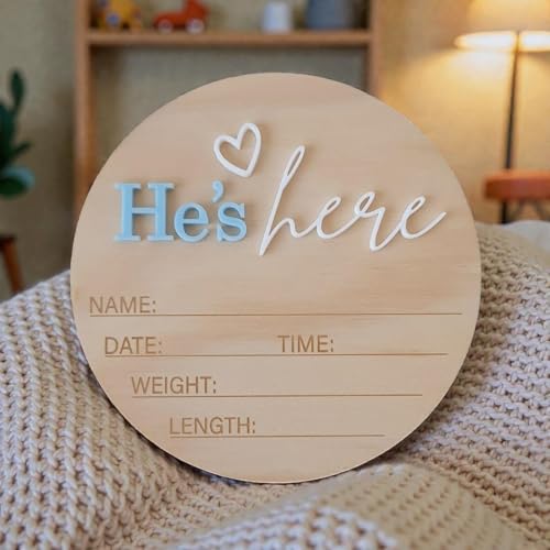 Image of Wooden Birth Announcement Sign – 6 Inch Round Baby Announcement Plaque, She’s Here/He’s Here Newborn Announcement, Hello World Nursery Sign (He)