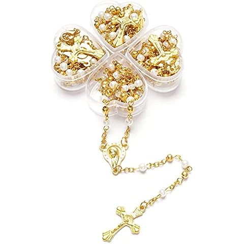 YRP Gifts (12) PCS - Baptism, First Communion Rosary Favor Gold Pearl Recuerdos para Primera Comunion Niña Niño Heart Case (White Gold) Cover