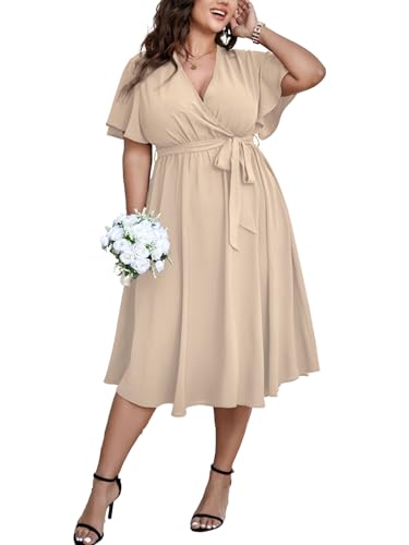 SCOMCHIC Damen-Midikleid in Übergröße, für Hochzeitsgäste, Cocktailkleid, Sommer, kurze Ärmel, Wickelkleid, V-Ausschnitt, A-Linie, fließendes...