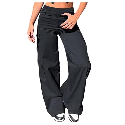 Nuofengkudu Cargo Pantalones Anchos Mujer 6 Bolsillos Campana Elasticos Cintura Alta Elegante Largo Pantalón Trabajo Fiesta Moda Adolescente Y2K Casual Punk Negro M