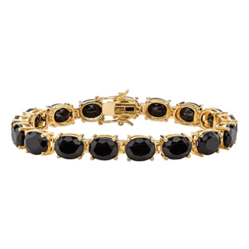 PalmBeach Yellow Gold-Plated Oval Cut Natural Black Onyx, Tennis Bracelet (8mm), Box Clasp, 7.5 inches