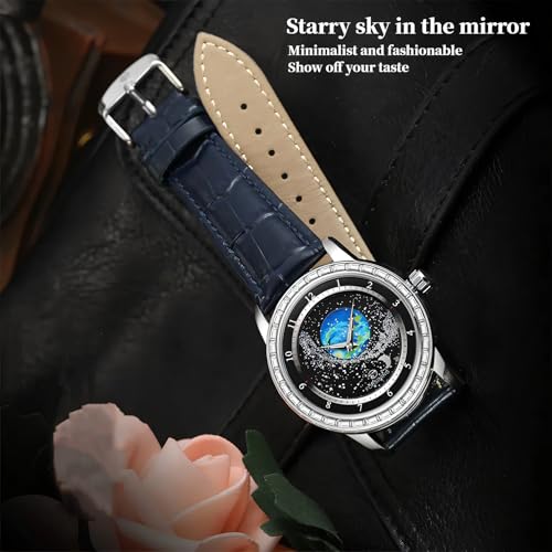 Image of FORSINING Watches for Men Rhinestone Inlay Rotational Starry Sky Moon Phase Mechanical Automatic Watch Waterproof for Business Leather Wristwatch