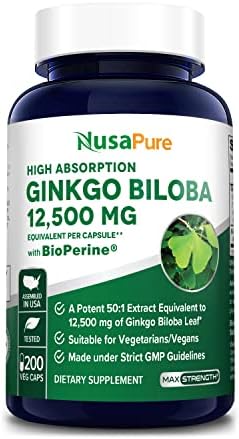 NusaPure Ginkgo Biloba Extract 12,500mg Per Veggie Caps 200 Capsules (Vegetarian,Non-GMO, Gluten Free & Extract 50:1). Bioperine