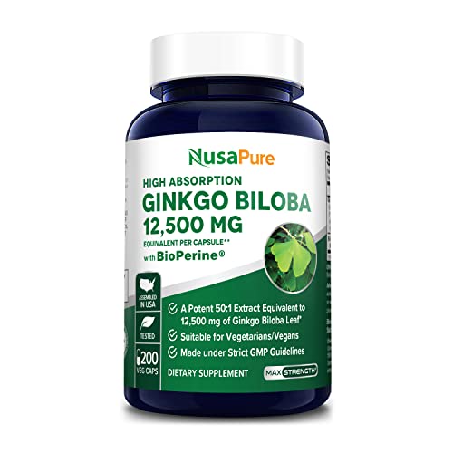Nusapure Ginkgo Biloba Extract 12,500Mg Per Veggie Caps 200 Capsules (Vegetarian,Non-Gmo, Gluten Free & Extract 50:1). Bioperine #TOP29