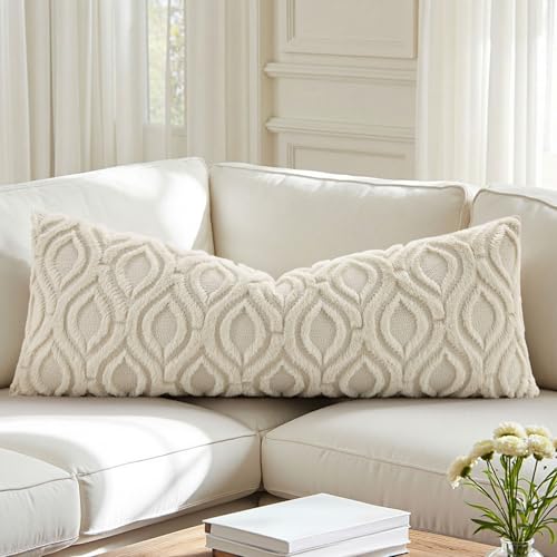 Image of decorUhome Fall Lumbar Pillow Cover 14x36 Inch, Ultra Soft Plush Decorative Faux Fur Beige Solid Couch Pillow Cover, Accent Farmhouse Neutral Rectangular Pillow Case for Sofa Bed Living Room