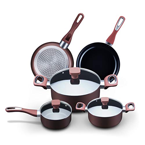 Mr. Captain Nonstick Cookware Set, Pots and Pans-8 Piece, Ceramic Coating Residue-Free Kitchen Cooking Set, Induction Compatible and Easy to Clean Cooking Pots, Red