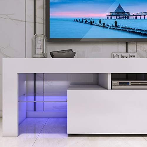 LED TV Stand Cabinet Unit Modern TV Desk With Storage For Living Room Home Forniture 130CM Width White Matt Body And High Gloss Door W/Free LED Light