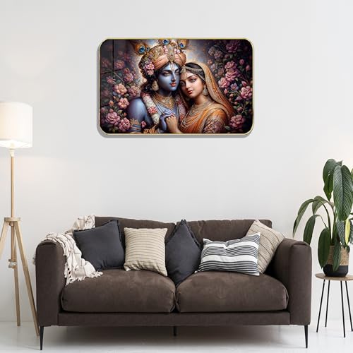 Image of Masstone Radha Krishna Crystal Embedded High Gloss Wall Painting, Golden Slim Frame, 45x30 Cm Wall Art for Living Room, Bedroom, Office & Home Decor (HG07)