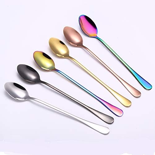 VUL Latte Spoons, Set of 6 Long Handle Spoons, Stainless Steel Coffee Spoons Tea Tpoon Ideal for Latte Coffee, Espresso, Hot Chocolate, Hot Drinks, Dessert & Ice Cream Sundae - 7.6 inch (Gold)