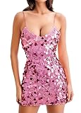 TYNORA Women’s Shiny Sequin Elegant Bodycon Dress Sparkle Backless Sleeveless High Waist Mini Dresses Bright Pink S