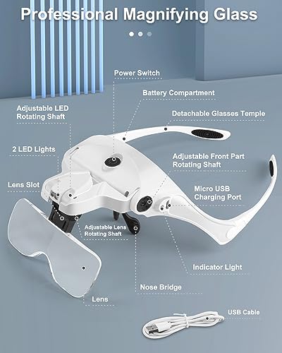 AUTOPkio Lupenbrille mit Licht LED Kopfbandlupe USB Charge, verstellbare Hände Headset Lupe mit 2 LED Licht Leichte Stirnband Lupe Gläser für Reparieren, 5 Linsen 1.0X, 1.5X, 2.0X, 2.5X, 3.5X