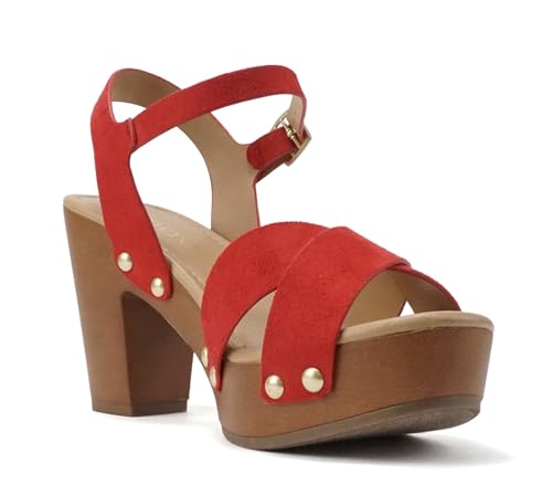 Image of Soda MIGUEL ~ Women Crisscross Band Fashion Chunky Platform Block Mid Heel Sandal with Ankle Strap and Stud
