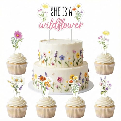 25Pcs Wildflower Sage Cake Toppers Set, “She Is A Wildflower” Cake Topper, Sage Floral Cupcake Toppers Boho Garden Party Decorations for Baby Shower, Bridal Shower, Birthday Dessert Table