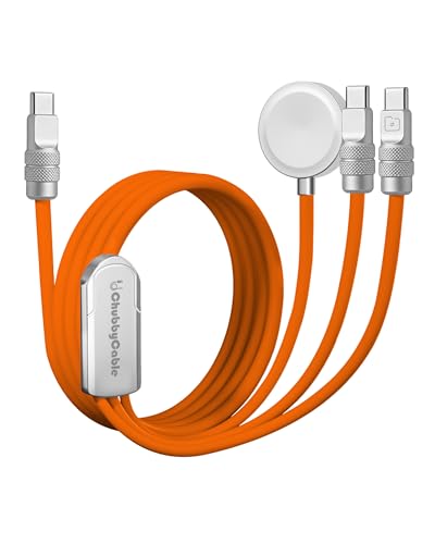 chubbycable Tri-Flex 3 in 1 USB C Cable for Apple Watch Charger Silicone 100W Multi Charging Cable Fast Charge Compatible with iPhone 17-15 Series Apple Watch iPad MacBook AirPods 4.1FT Orange