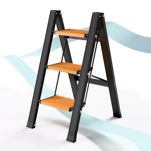 KULACO Trittleiter 3 Stufen Klappbar, Aluminium Klapptritt, Tragbare Klappleiter, rutschfeste Haushaltsleiter, Leichte Stufenleiter bis 150 kg, Multifunktionsleiter für Haushalt, Büro, Garage