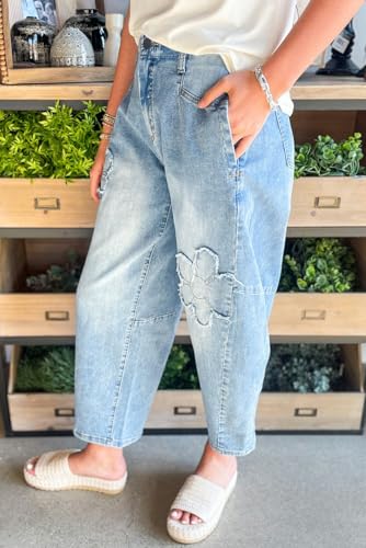 Urchics Womens Casual Pants Beau Blue Flower Patched Light Wash Cropped High Waist Jeans3