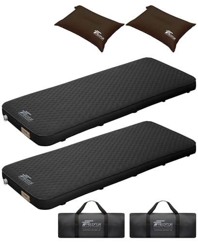 FIELDOOR 電動ポンプ付き キャンプマット インフレーターマット エアー ベッド 厚さ10cm 車中泊 テント アウトドア 登山 コンパクト収納 吸引 連結 厚手 防災 [幅75×奥行200×高さ10cm] [シングル2個&ピロー2個セット]
