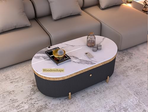 Image of Premium Marble-Top Center Table with One Storage Door and PVD Coated lron Legs and Coffee Table with Oval Design for Living Room and Entryway [ Modern coffee table ] ,42x24x18 Inch, (Black)
