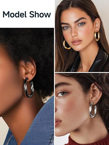 Image of Stainless Steel Chunky Hoop Earrings For Women, Minimalist and Chic, Black /Gold Plated, Round Hoops Earrings Hypoallergenic, Size: 30mm /40mm /60mm /80mm, Come with Box