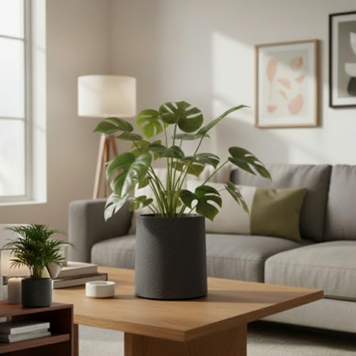 Image of Tubeau Marble Finish Flower Pot | White, Beige & Grey | Tall Lightweight Fiber Planter for Home & Garden Decor (Grey Marble, 12 Inch)