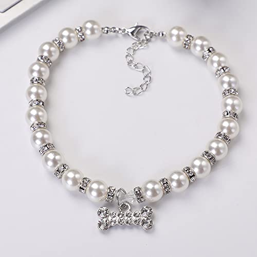 Rayminsino Pet Pearl Necklace Adjustable Diamond-Studded Dog Bone Pendant Dog Jewelry Collar #TOP1