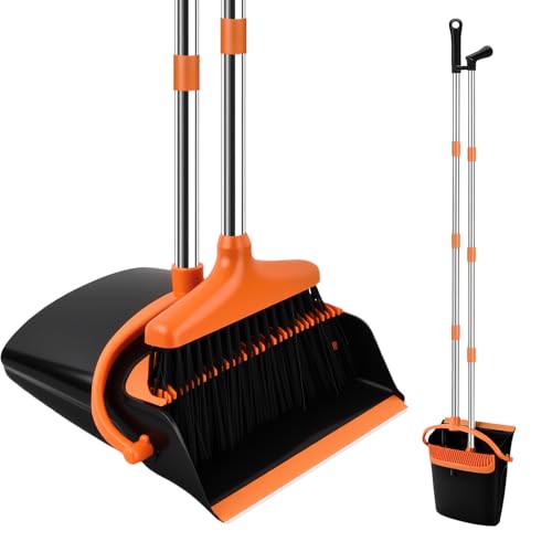 Samlonge Juego de Escoba y Recogedor de Mango Largo, 137 cm Escoba Alta y Recogedor Plegable Barredora y Recogedora de Polvo Combinados para Hogar Cocina Casa Oficina (Negro Naranja)