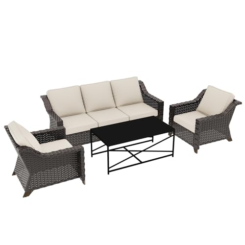 Image of 4 Piece Patio Furniture Set, Wicker Outdoor Conversation Set | Patio Chair Set with Olefin Removable Cushion, All-Weather Outdoor Couch with Deep Seat for Porch, Deck and Backyard, Beige