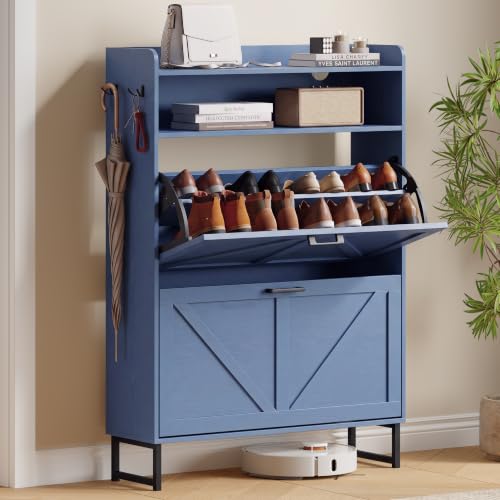 Image of Xixini Shoe Storage Cabinet with 2 Flip Drawers, Entryway Shoe Rack, Blue