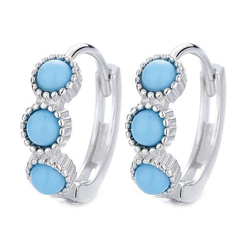 Kokoma Round Turquoise Small Hoop Earrings 925 Sterling Silver for Women Girls Minimalist Huggie Hoops Cartilage Earrings Hypoallergenic Ear Jewelry