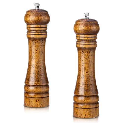 2Pcs 8inch Pepper Mill Wood Pepper Grinder Adjustable Oak Wood Salt and Pepper Grinder Refillable Ceramic Grinding Mechanism Sealed Salt Mill Spice Jar for Kitchen Camping Picnic BBQ