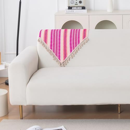 Image of HOKIPO 'Artisan Boho Series' Sofa Backrest Cover with Tassel | 450 GSM Thick Cotton Acrylic Jacquard Fabric Backrest Mat, Size 55x80 cm, Fuchsia Pink (IN-900-A5)