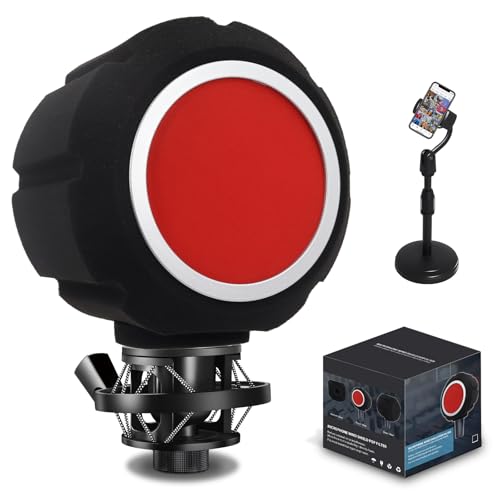 Mic Isolation Shield & Dual Pop Filter, Portable Foam Acoustic Noise Reduction Wind Shield with Adjustable Phone Holder for Streaming, Podcast & Vocal Recording, Compatible with Most Mics