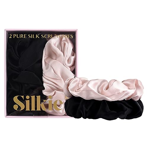 SILKIE x2 Set 100% Pura Seda de Morera Mulberry Rosa Negra Scrunchies de gran tamaño Corbatas para el cabello Elásticos Cuidado del cabello