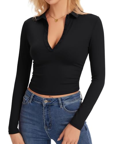 Eyanse Collared Shirts for Women Long Sleeve Polo Shirt Ladies Sexy Deep V Neck Tops Women's Fall Outfits with Button for Golf Tennis Work,Black,M