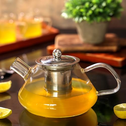 Image of Tea Pot - Glass Kettle for Gas Stove - Borosilicate Glass Teapot with Stainless Steel Infuser, Heat-Resistant, Drip-Free Spout, Ideal for Loose Leaf & Blooming Tea, 1000ml, Golden Brew