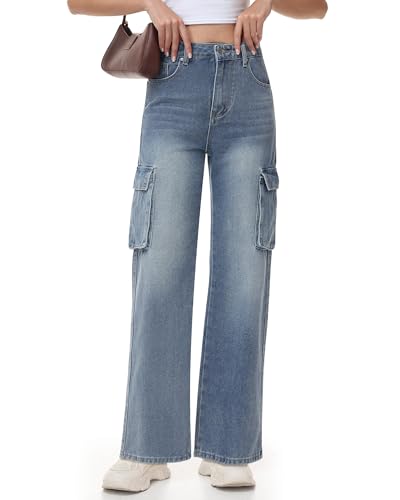 Simlakey Womens High Waisted Cargo Jeans Straight Wide Leg Denim Pants Casual Y2K Baggy Cargo Jean Pants with 6 Pockets(Medium)