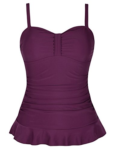 Mycoco Women's Ruffle Hem Swim Top Ruched Tankini Tops Wine 20