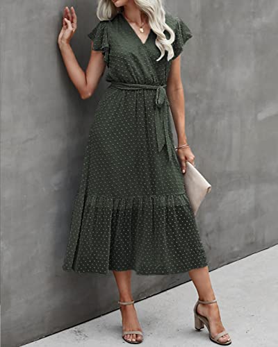 Image of BTFBM Women Summer Bohemian Floral Casual Wrap V Neck Ruffle Cap Sleeveless Belt A-Line Pleated Hem Midi Sun Dress White